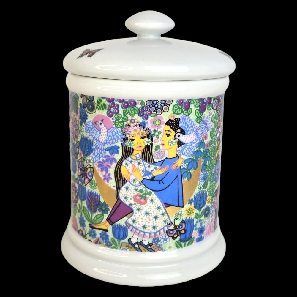Jorinde Binder lidded Stash Jar‎ Fantasy Couple Cats Birds West Germany Vtg 60s